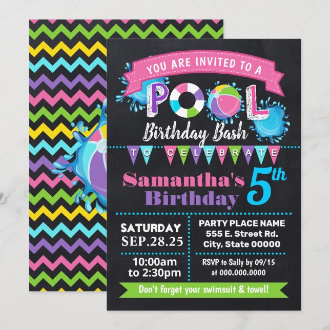 Invitación Piscina rosa cumpleaños barquilla de verano (Anverso / Reverso)