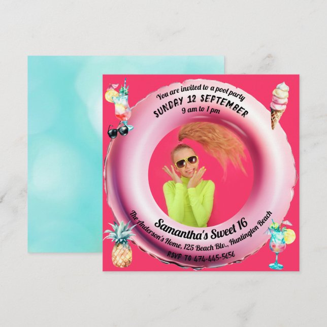 Invitación Piscina rosa Fiesta de cócteles Paninapple Sweet 1 (Anverso / Reverso)