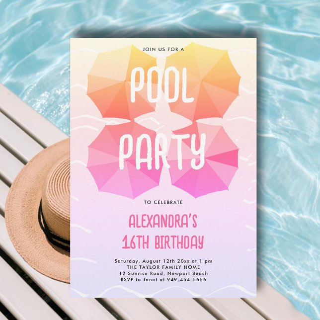 Invitación Piscina rosa Fiesta de cumpleaños Umbrellas Guay S (pink sweet 16 pool party invitations ideas modern umbrellas pattern chic cute cool fun teen elegant)
