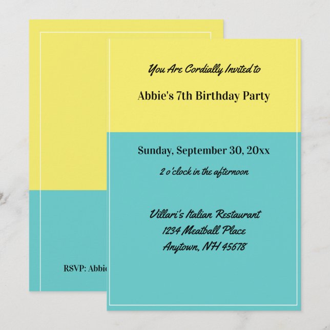 Invitación Piscina simple amarilla Restaurante fiesta de cump (Anverso / Reverso)