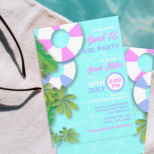 Invitación Piscina Tropical Azul Flotador Cumpleaños 16 Fiest