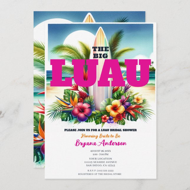 Invitación Piscina tropical de Surfboard Fiesta Luau Bridal S (Anverso / Reverso)