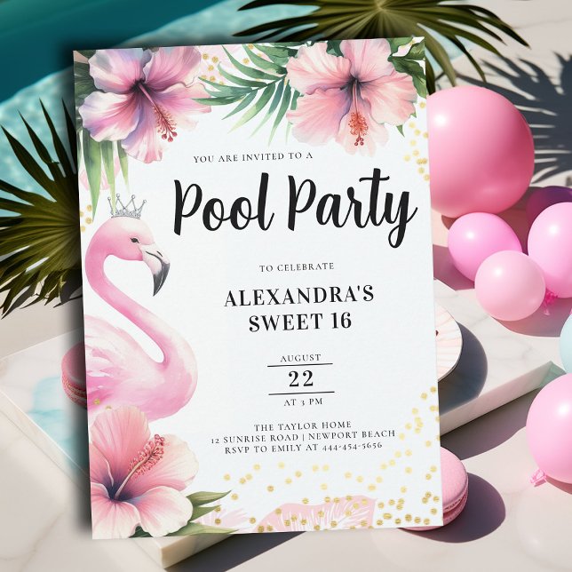 Invitación Piscina tropical floral rosa Flamingo Fiesta dulce (pink flamingo sweet sixteen birthday party invitation pool beach summer pineapple cocktails tiara)