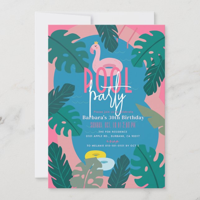 Invitación Piscina tropical Neon rosa Adulto Cumpleaños (Anverso)