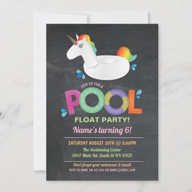 Invitación Piscina Unicorn Fiesta Birthday Beach Float invita (Anverso)