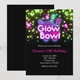 Invitación Pista de Bolos Glow Bowl Cumpleaños Estrellas Neon
