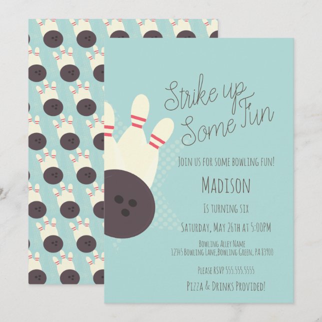 Invitación Pista de Bolos Retro Cumpleaños Verde Azul (Anverso / Reverso)