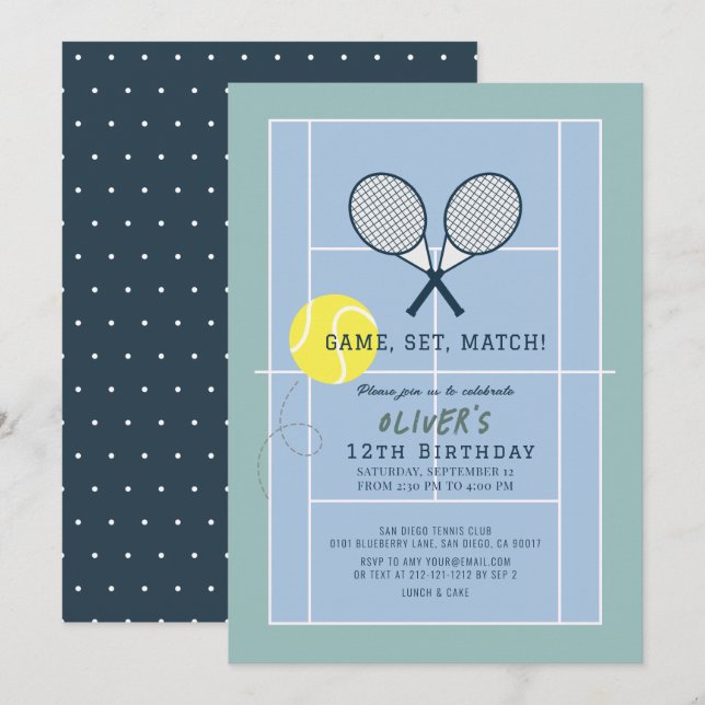 Invitación Pista de tenis Racquet Blue Boy Cumpleaños (Anverso / Reverso)