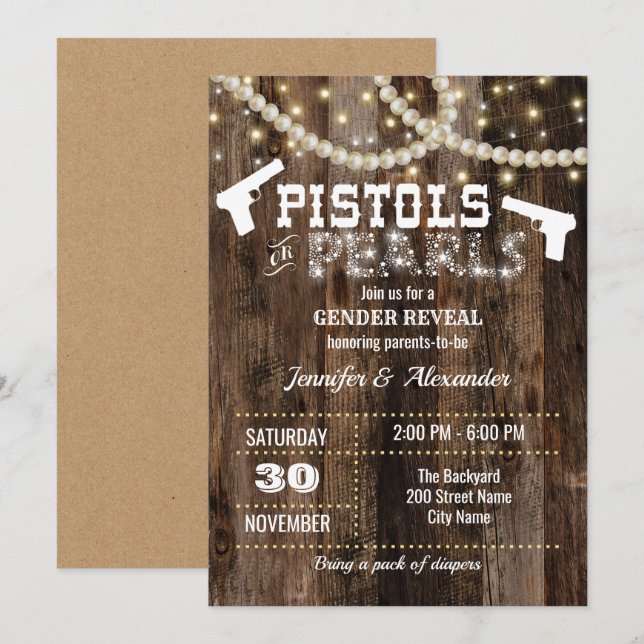 Invitación Pistolas reveladoras de género o perlas (Anverso / Reverso)
