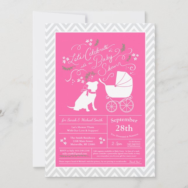 Invitación Pitbull, Chica rosado de Baby Shower Bulldog Pit (Anverso)