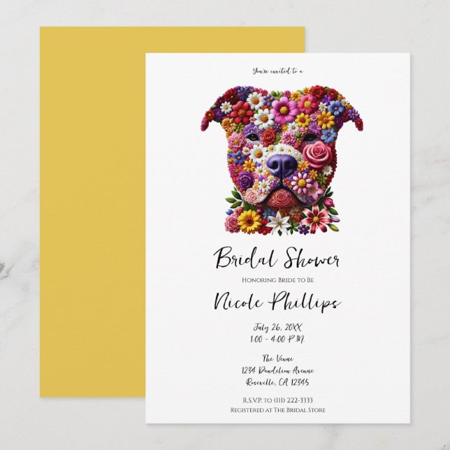 Invitación Pitbull Flower Face Dog Lover Bridal Shower (Anverso / Reverso)
