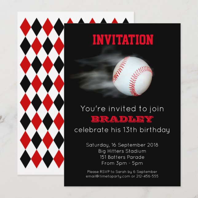 Invitación Pitch The Ball Baseball Team Personalizado Editabl (Anverso / Reverso)