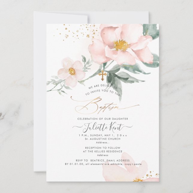 Invitación PixDezin H2 Rosa Única Rosas Bautizo (Anverso)