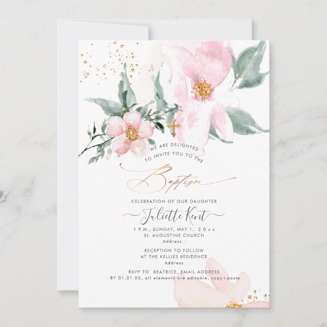 Invitación PixDezin H2 Rosa Única Rosas Bautizo (Anverso)