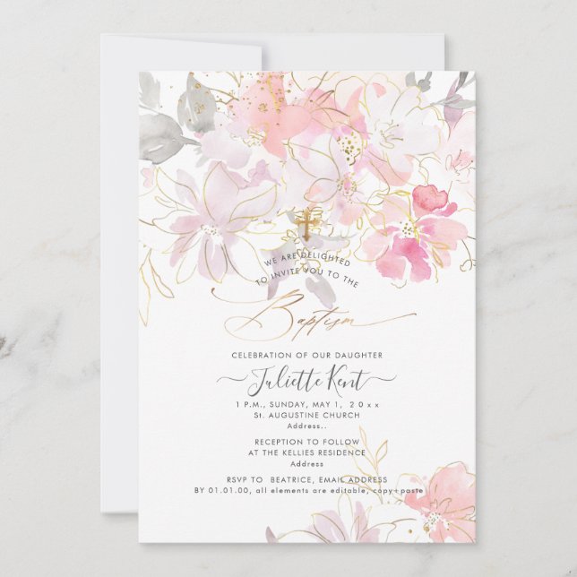 Invitación PixDezin Watercolor Rubor Sweetpeas Baptism (Anverso)