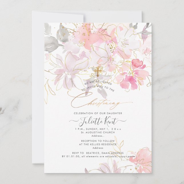 Invitación PixDezin Watercolor Rubor Sweetpeas Christening (Anverso)