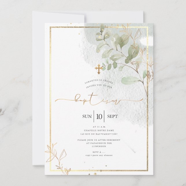 Invitación PixDezine Watercolor Green Gold Baptism (Anverso)