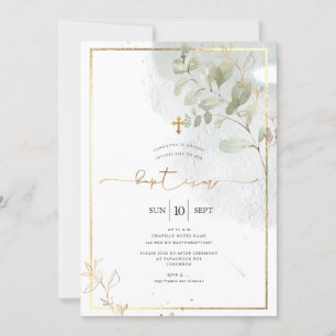 Invitación PixDezine Watercolor Green Gold Baptism