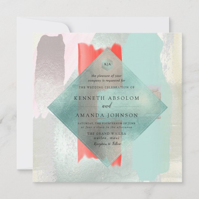 Invitación PixDezines Acuarela Coral Vivo Mist Seafoam (Anverso)