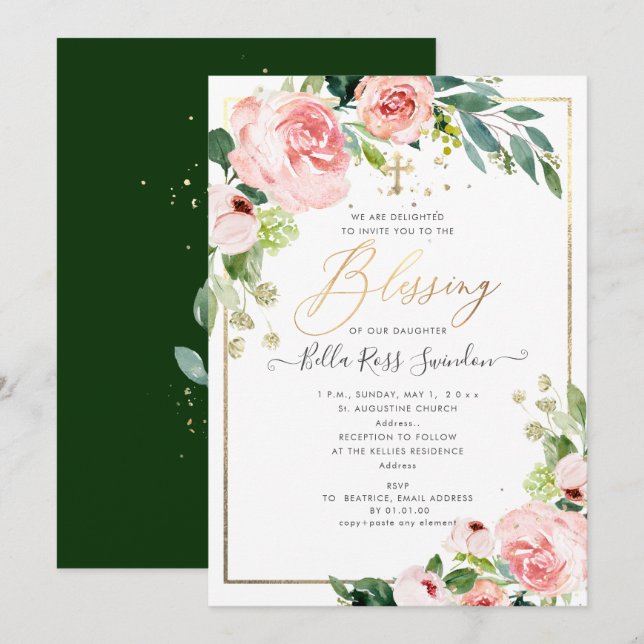 Invitación PixDezines acuarela Delicar bautismo en Rubor (Anverso / Reverso)