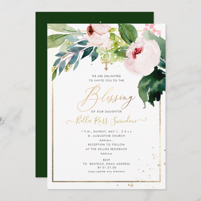 Invitación PixDezines acuarela Delicar bautismo en Rubor (Anverso / Reverso)