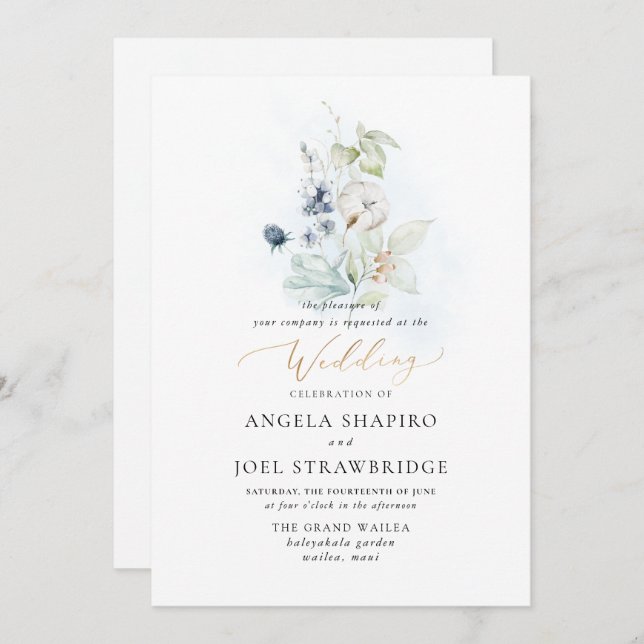 Invitación PixDezines acuarela Dusty Blue Winter Cotton (Anverso / Reverso)