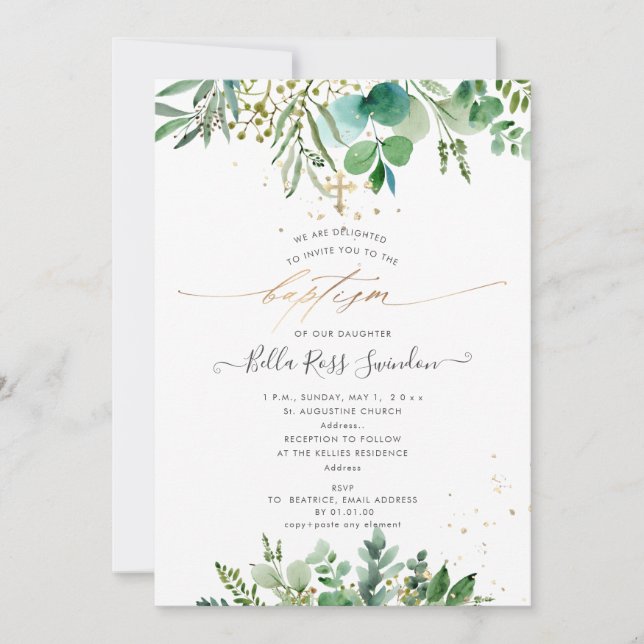 Invitación PixDezines Acuarela Eucalyptus Verdor Bautismo  (Anverso)