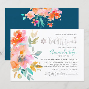 Invitación PixDezines Acuarela Floral Bat Mitzvah, Naranja