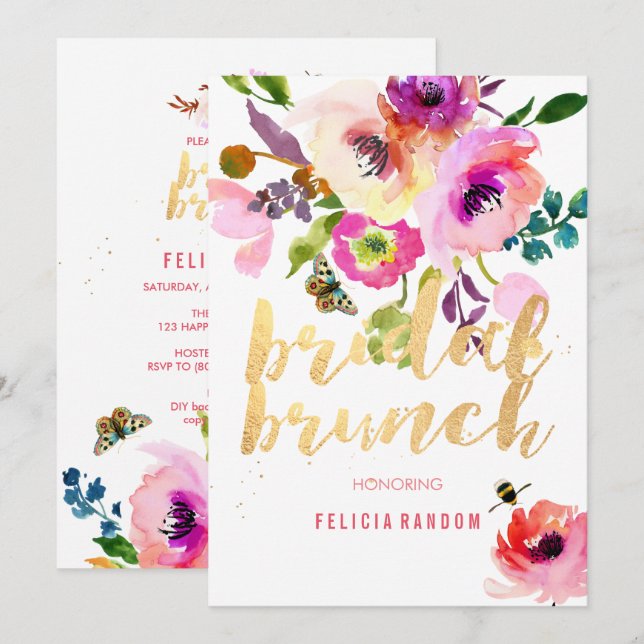 Invitación PixDezines acuarela Floral Brunch/DIY (Anverso / Reverso)