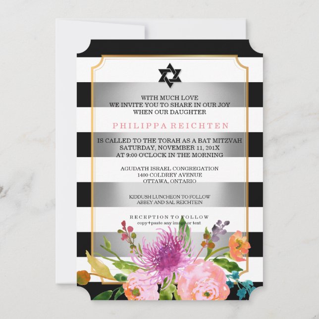 Invitación PixDezines acuarela/floral/murciélago de rayas mit (Reverso)