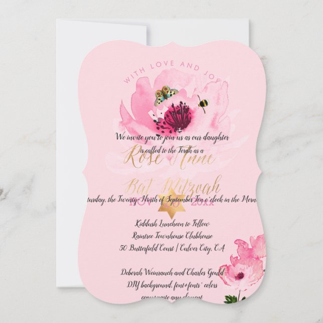 Invitación PixDezines Acuarela Floral/Peonies/Bat Mitzvah (Reverso)