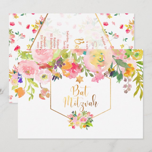 Invitación PixDezines Acuarela Floral/Peonies/Bat Mitzvah (Anverso / Reverso)