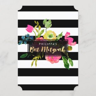 Invitación PixDezines acuarela/floral/rayas murciélago mitzva