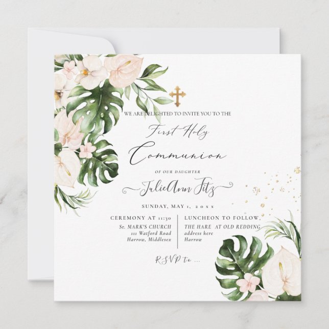 Invitación PixDezines Acuarela Floral Tropical y Foliage (Anverso)