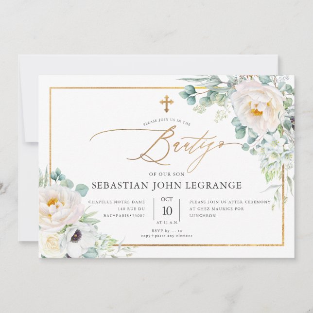 Invitación PixDezines Acuarela Peonias Eucalipto Batismo (Anverso)