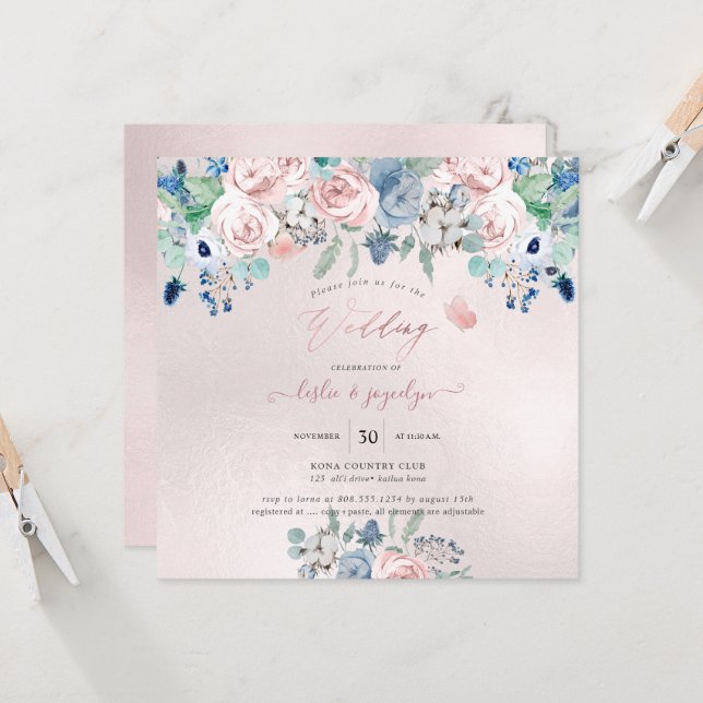 Invitación PixDezines acuarela Rosa   Boda azul (Anverso/Reverso In Situ)