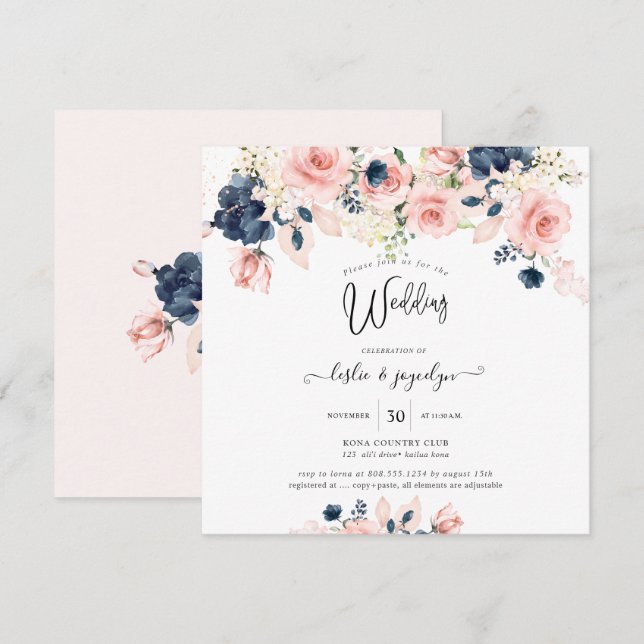 Invitación PixDezines acuarela Rosa   Boda azul (Anverso / Reverso)