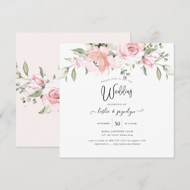 Invitación PixDezines Acuarela Rosa  duro Boda (Anverso / Reverso)