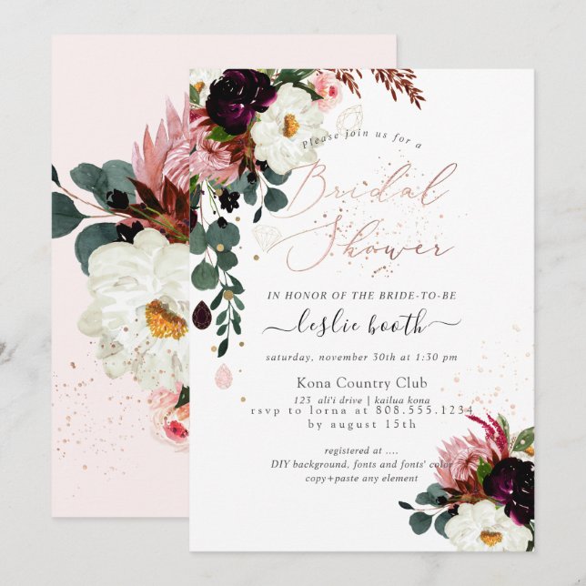 Invitación PixDezines acuarela Rosas de Borgoña ducha de novi (Anverso / Reverso)