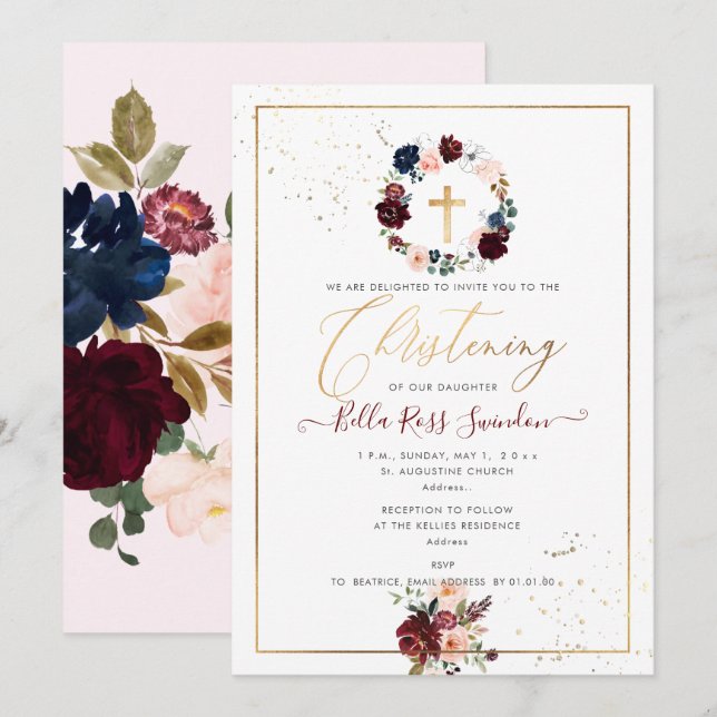 Invitación PixDezines acuarela Rubor+Wreath de Borgoña (Anverso / Reverso)