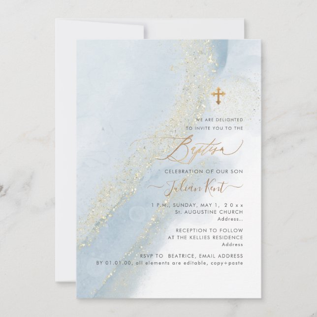 Invitación PixDezines Alcohol+Tinta Dusty Blue Gold Baptism (Anverso)