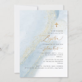 Invitación PixDezines Alcohol+Tinta Dusty Blue Gold Baptism
