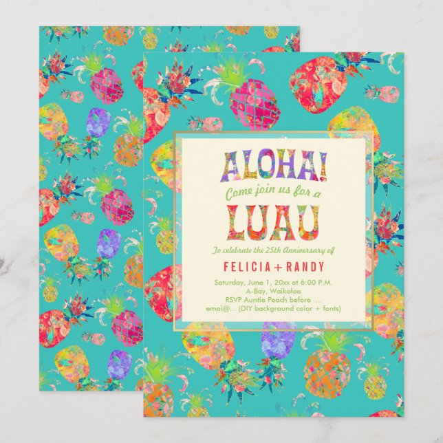 Invitación PixDezines Aloha Hawaiian Pineapples/DIY Verde azu (Anverso / Reverso)