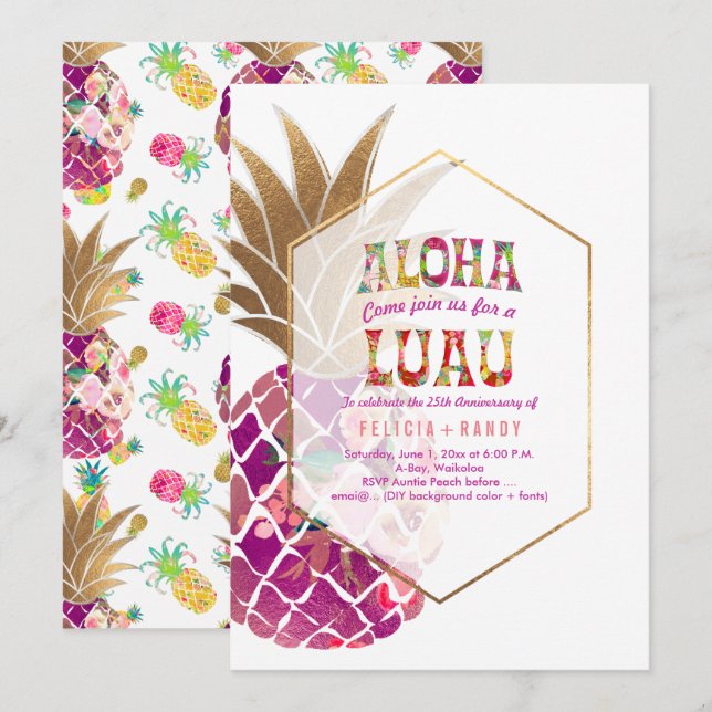 Invitación PixDezines Aloha Hawaiian Pineapples/DIY Verde azu (Anverso / Reverso)
