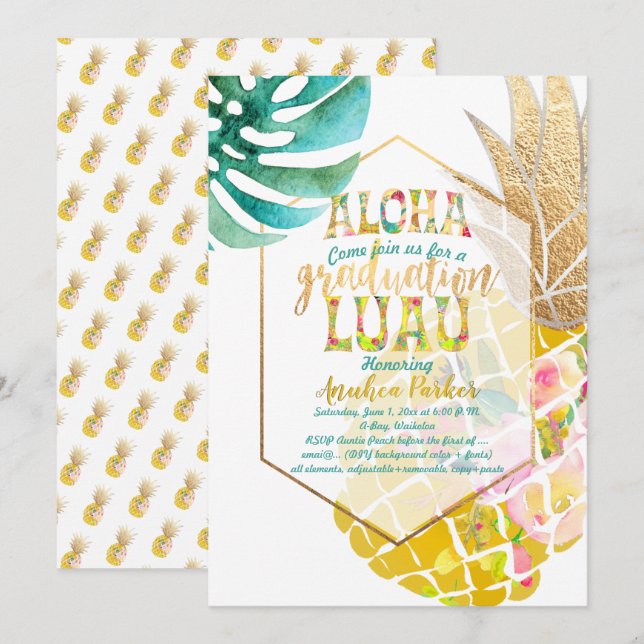 Invitación PixDezines Aloha Piñas/Dorado/Fiesta de Graduación (Anverso / Reverso)