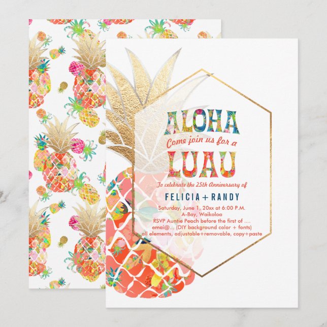 Invitación PixDezines Aloha Piñas Hawaianas/Naranja/DIY (Anverso / Reverso)