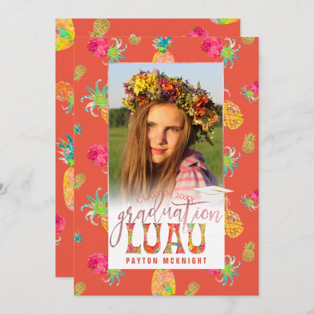 Invitación PixDezines Aloha Pineapples Graduación Luau (Anverso / Reverso)