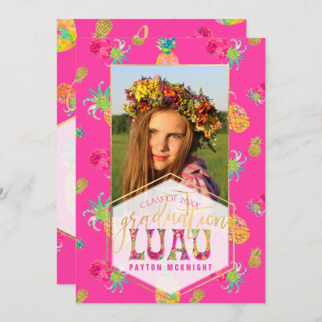Invitación PixDezines Aloha Pineapples Graduación Luau (Anverso / Reverso)