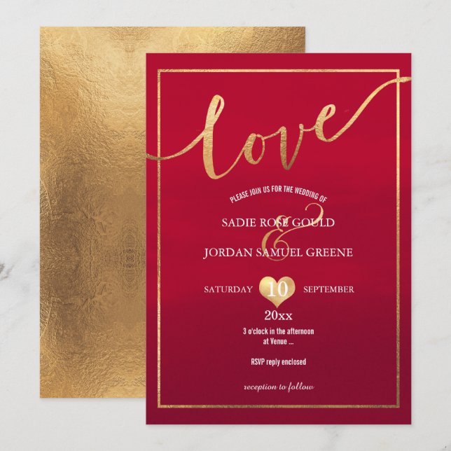 Invitación PixDezines Aman Faux Gold/Red Velvet (Anverso / Reverso)