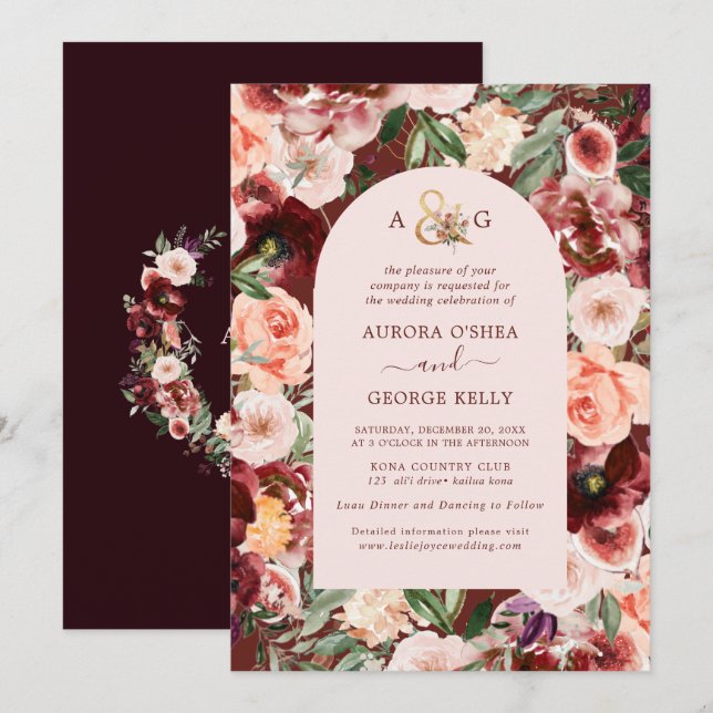 Invitación PixDezines Amor de Otoño H2 Flores Rojas Marsala (Anverso / Reverso)